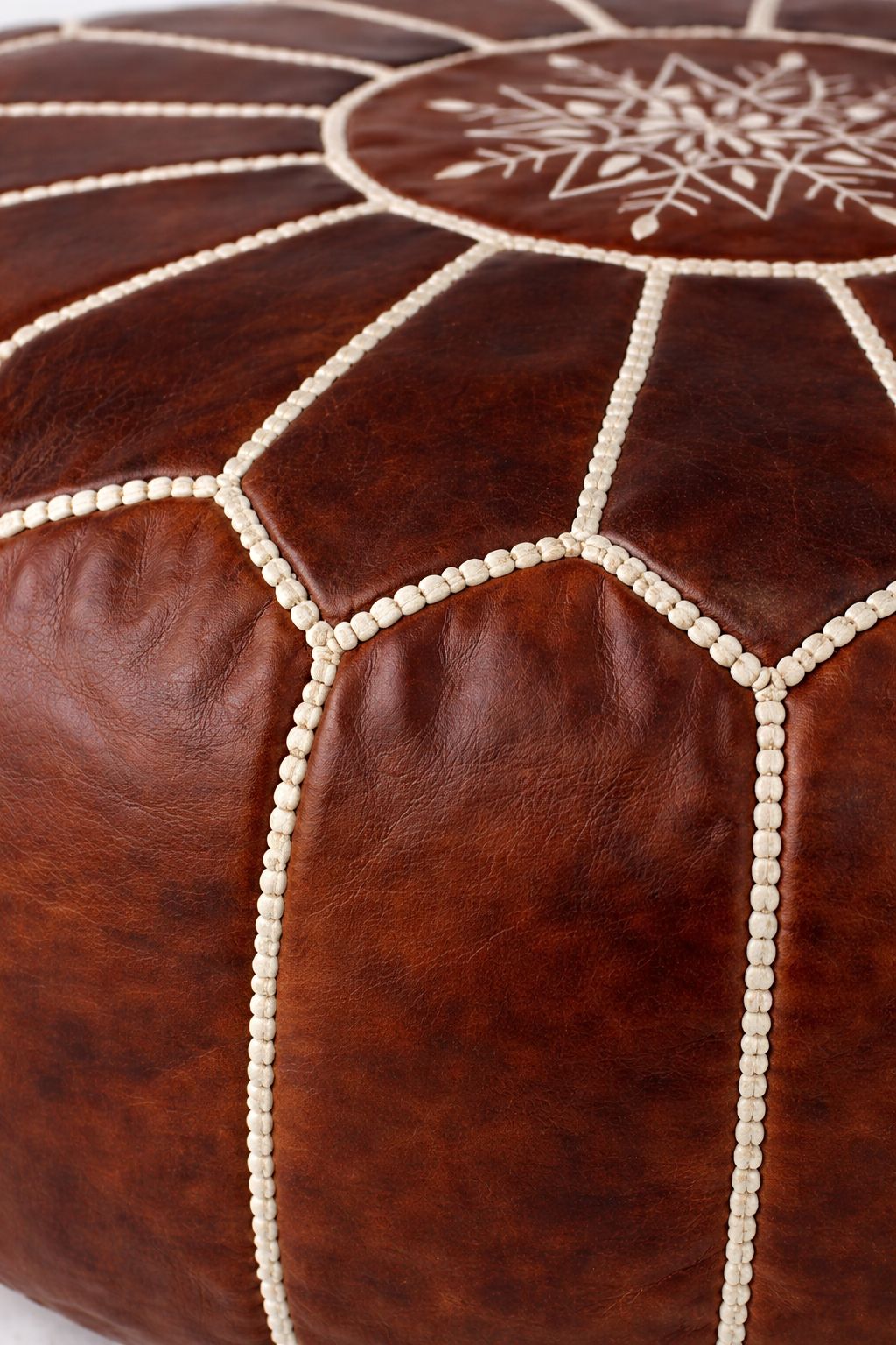 Moroccan Leather Pouf Brown – Handmade Ottoman – Atlas Nomad