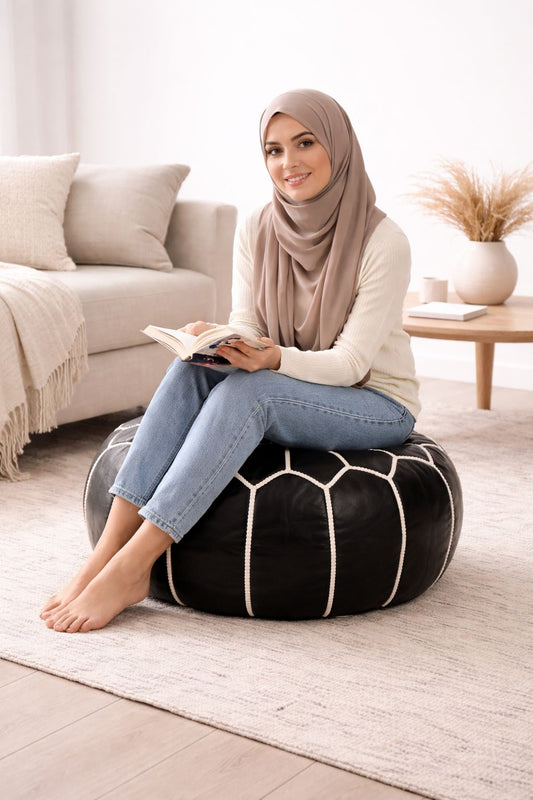 Moroccan Leather Pouf BLACK – Handmade Berber Ottoman TAN | Authentic Moroccan Pouf | Atlas & Nomad