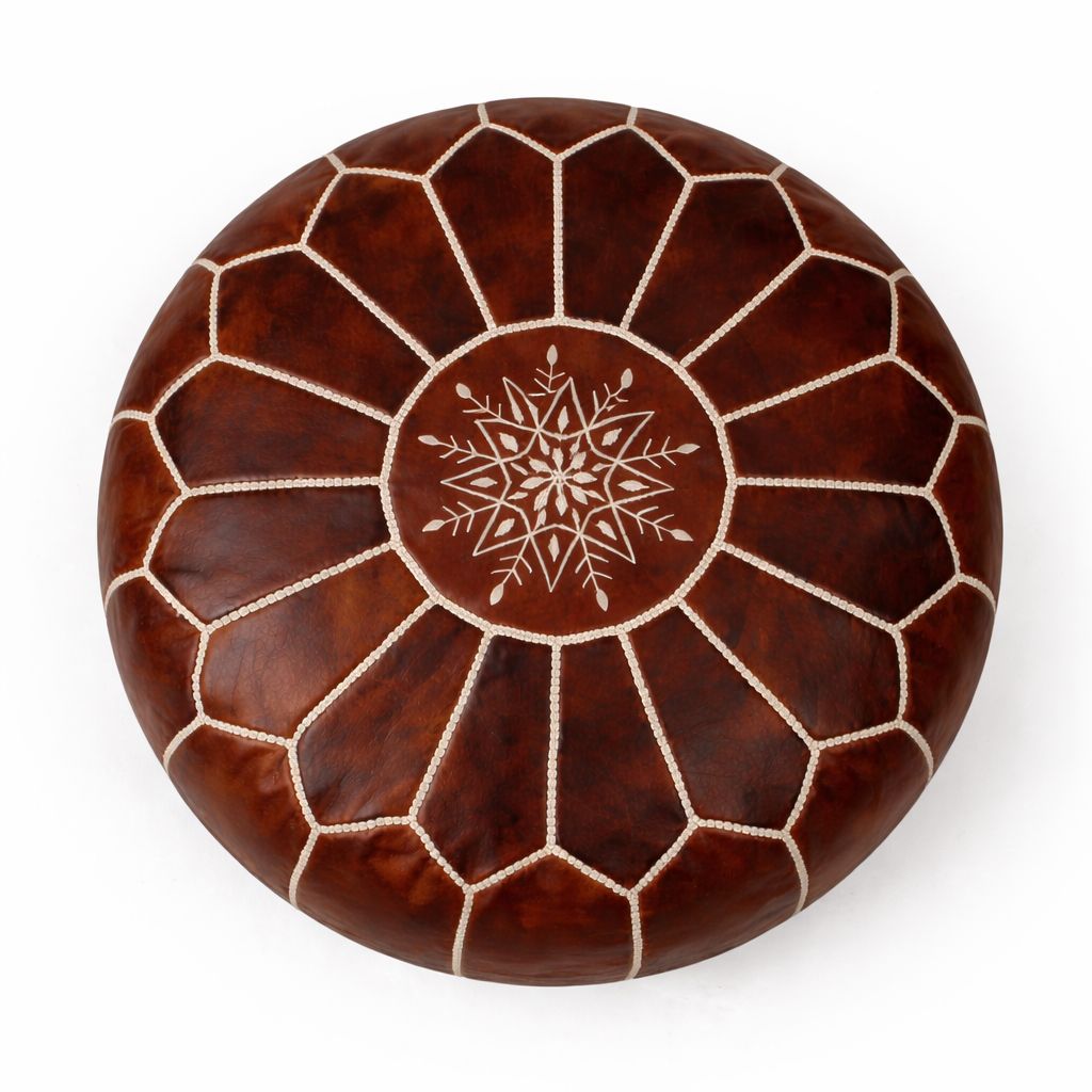 Moroccan Leather Pouf Brown – Handmade Ottoman – Atlas Nomad