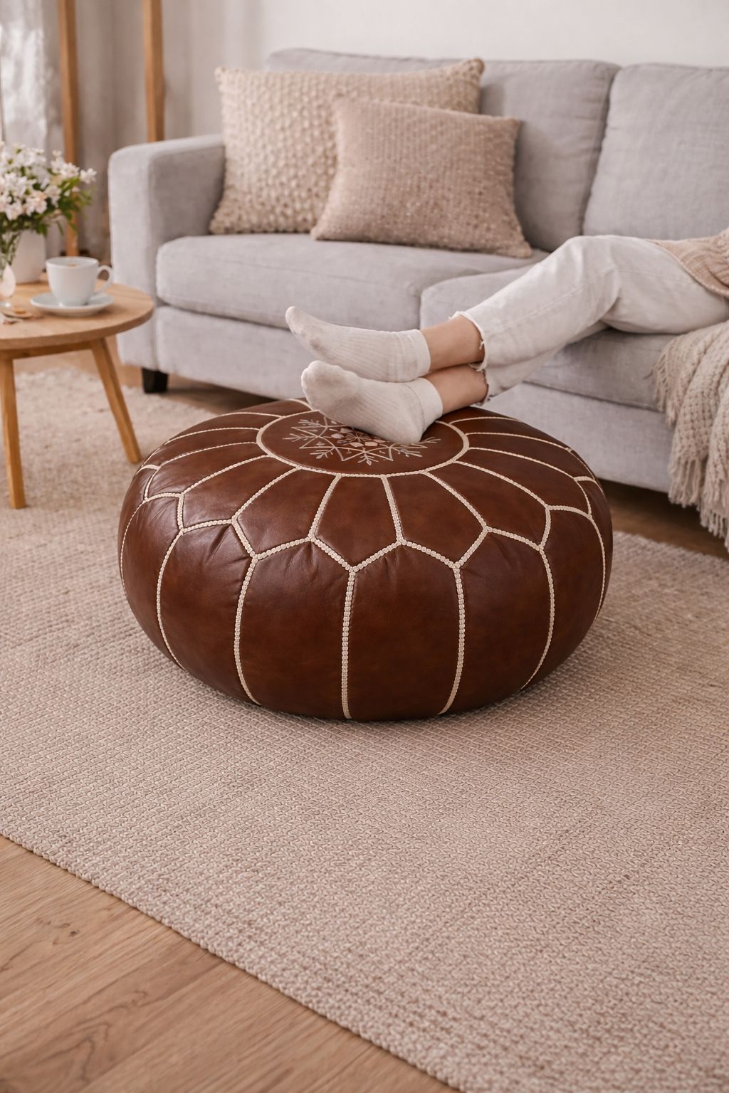 Moroccan Leather Pouf Brown – Handmade Ottoman – Atlas Nomad