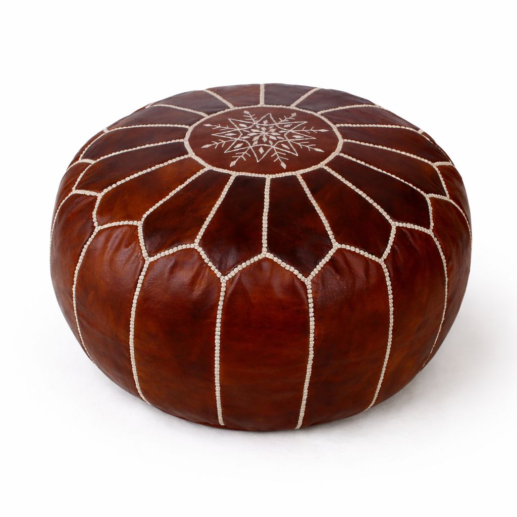 Moroccan Leather Pouf Brown – Handmade Ottoman – Atlas Nomad