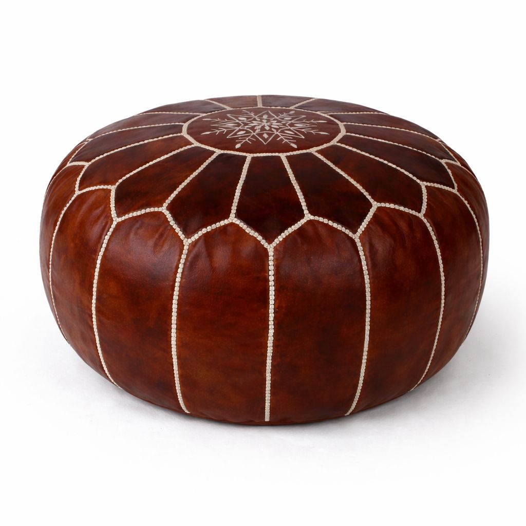 Moroccan Leather Pouf Brown – Handmade Ottoman – Atlas Nomad
