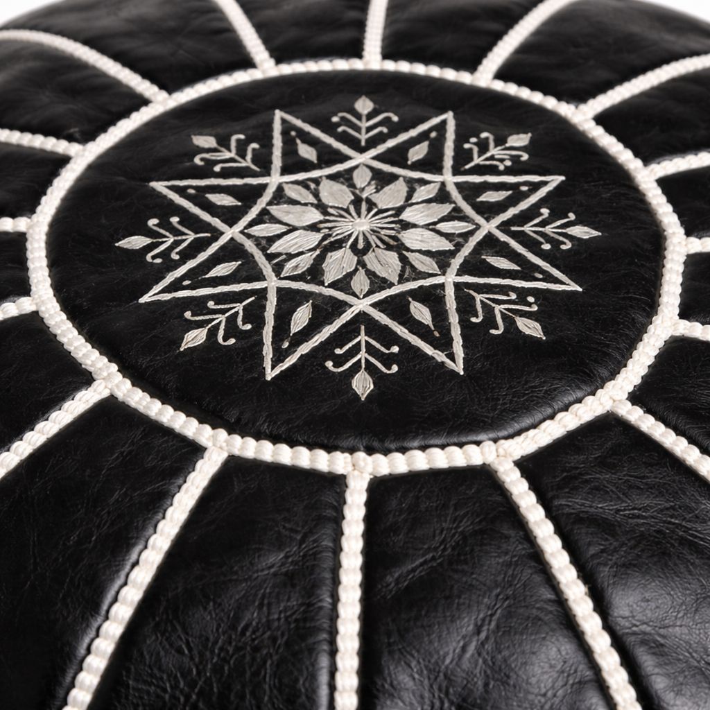 Moroccan Leather Pouf BLACK – Handmade Berber Ottoman TAN | Authentic Moroccan Pouf | Atlas & Nomad