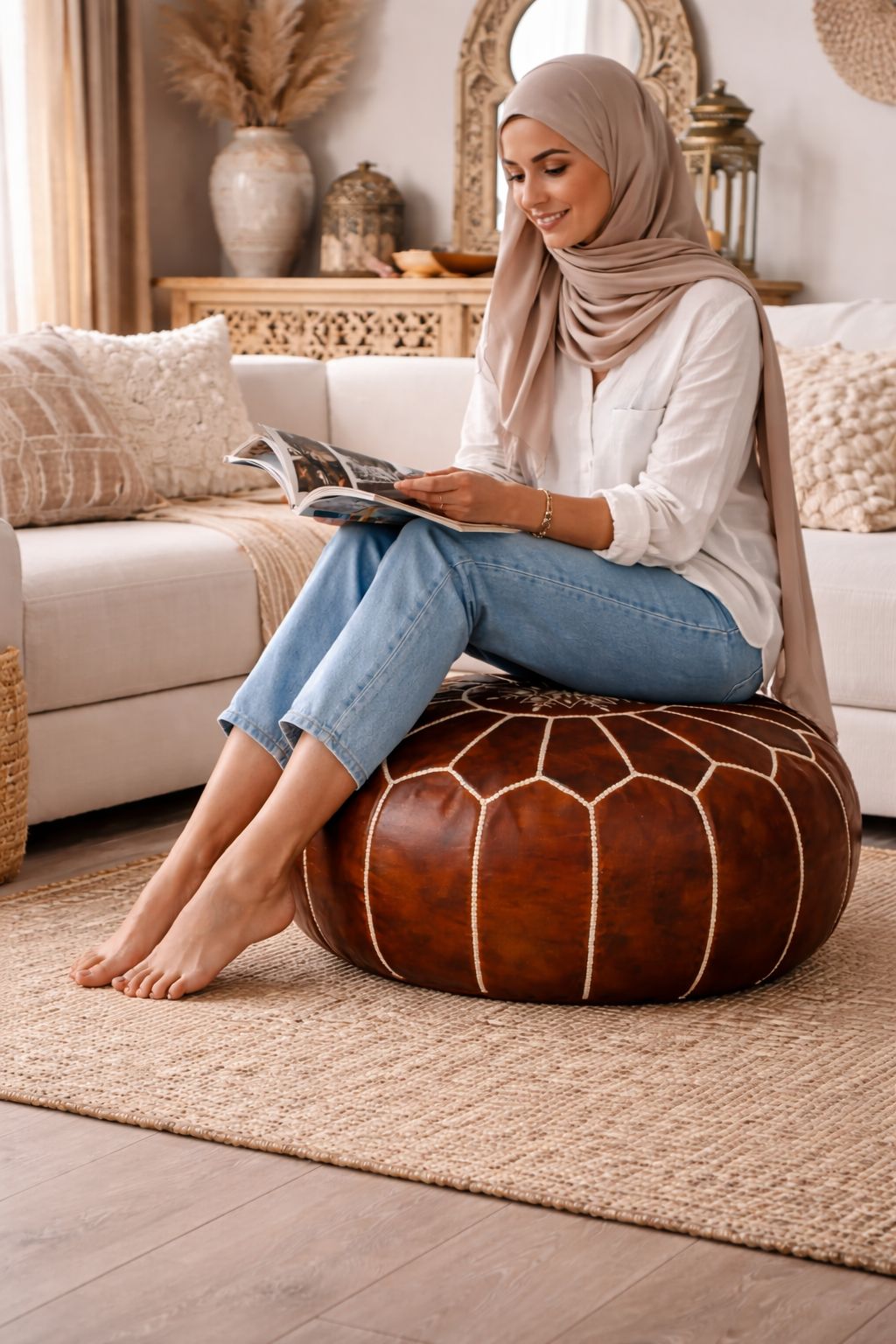 Moroccan Leather Pouf – Handmade Ottoman – Atlas Nomad