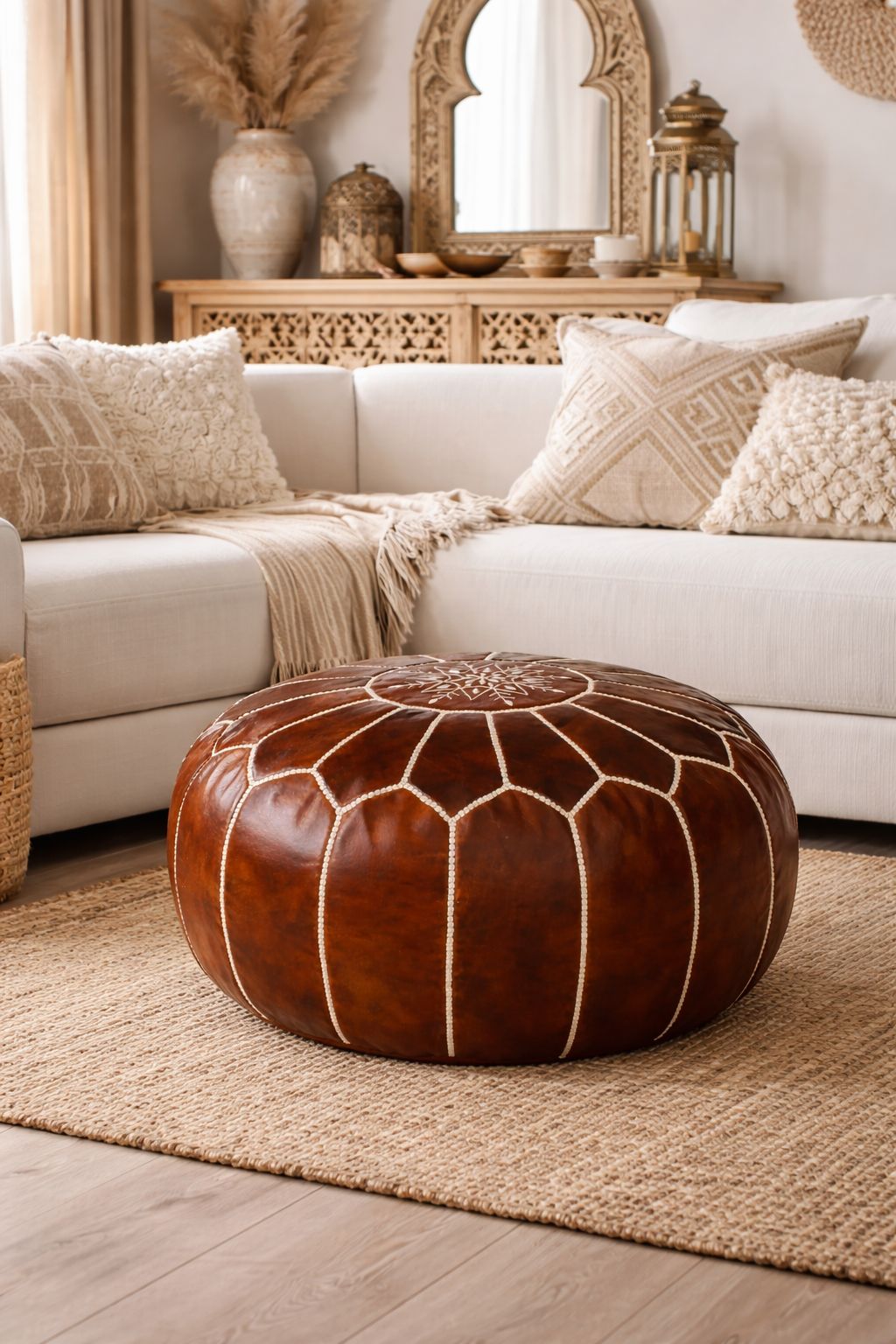 Moroccan Leather Pouf Brown – Handmade Ottoman – Atlas Nomad