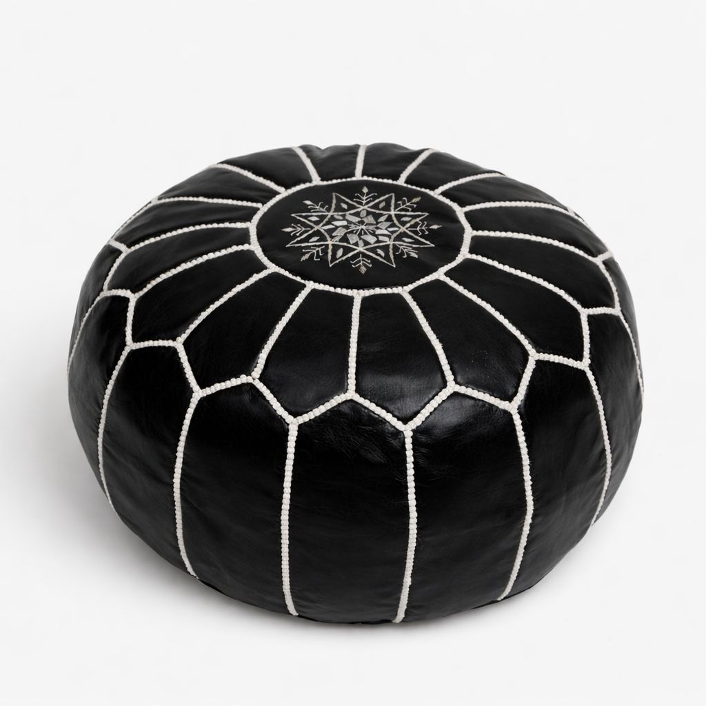 Moroccan Leather Pouf BLACK – Handmade Berber Ottoman TAN | Authentic Moroccan Pouf | Atlas & Nomad