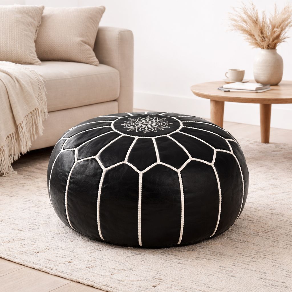 Moroccan Leather Pouf BLACK – Handmade Berber Ottoman TAN | Authentic Moroccan Pouf | Atlas & Nomad