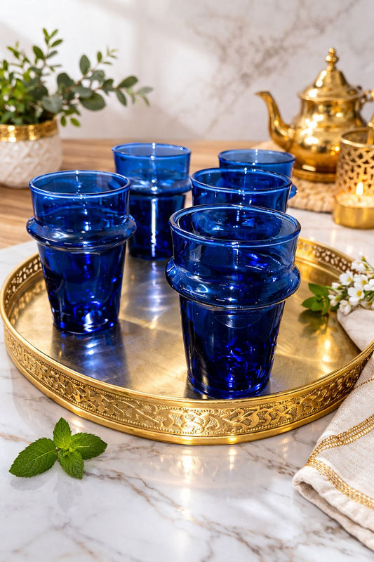 Moroccan Blue Beldi Glass Set – Handmade Traditional Moroccan Tea Glasses