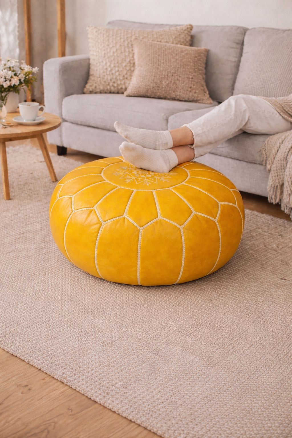 Moroccan Leather Pouf – Handmade Yellow Ottoman | Atlas & Nomad