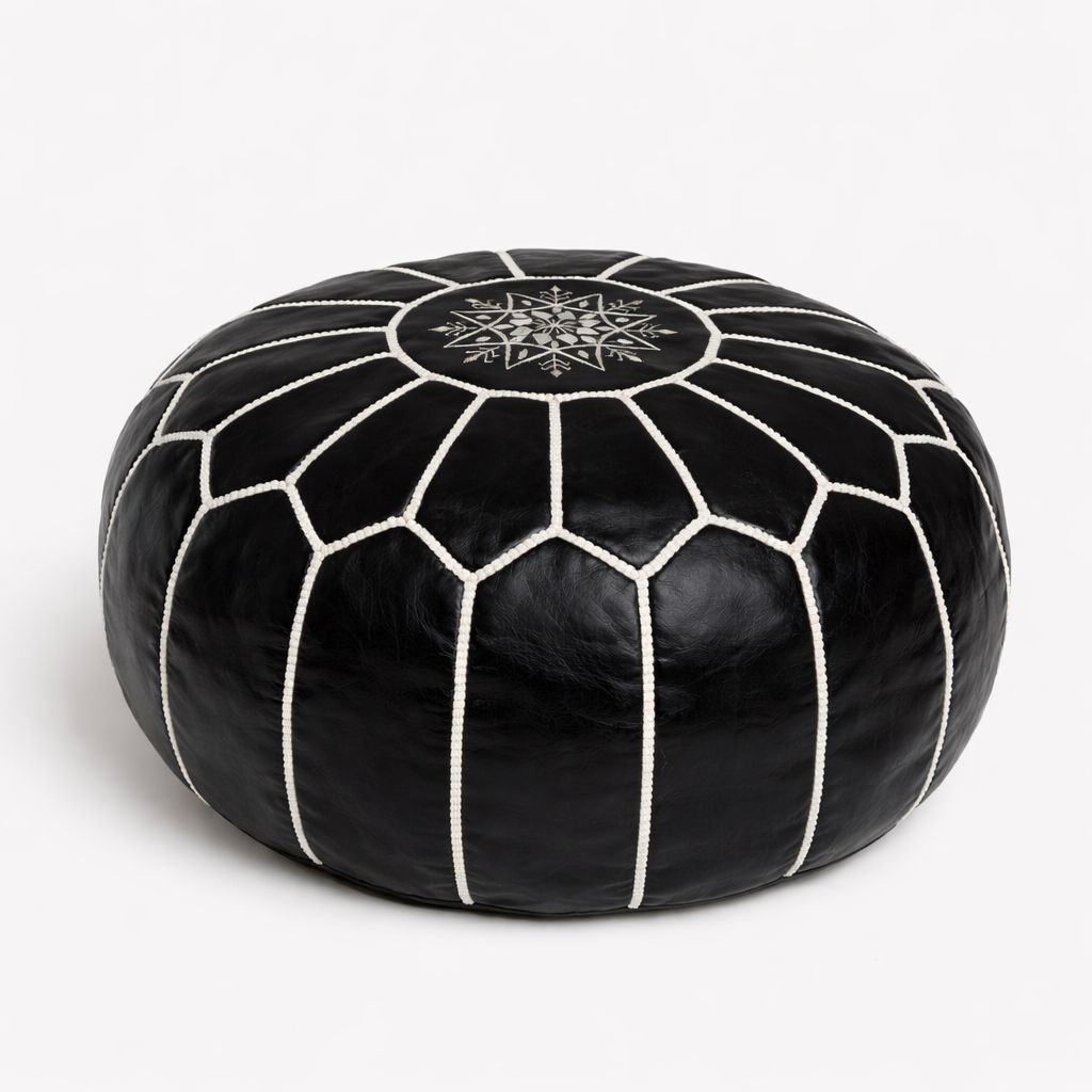 Moroccan Leather Pouf BLACK – Handmade Berber Ottoman TAN | Authentic Moroccan Pouf | Atlas & Nomad