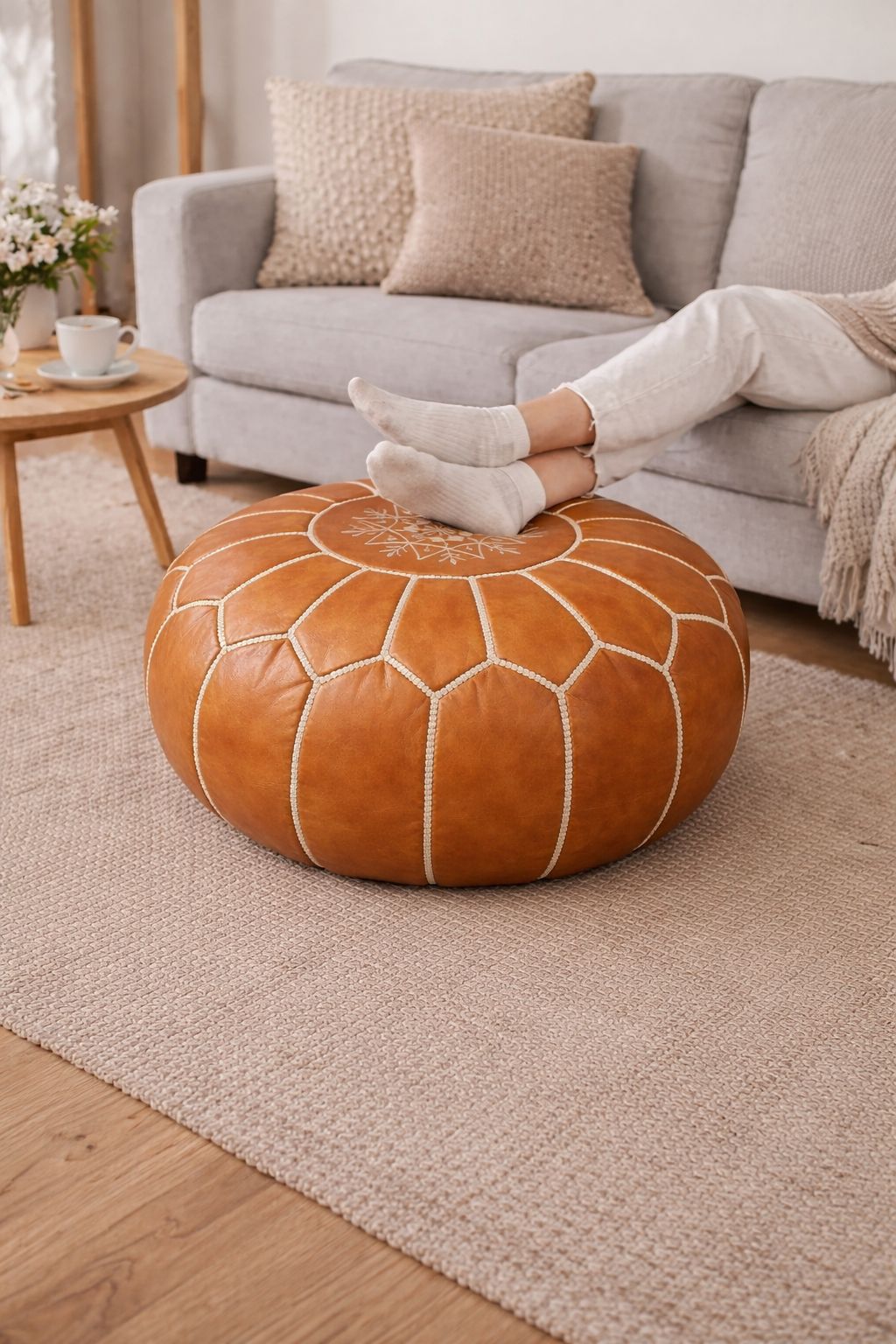 Moroccan Leather Pouf – Handmade Berber Ottoman TAN | Authentic Moroccan Pouf | Atlas & Nomad