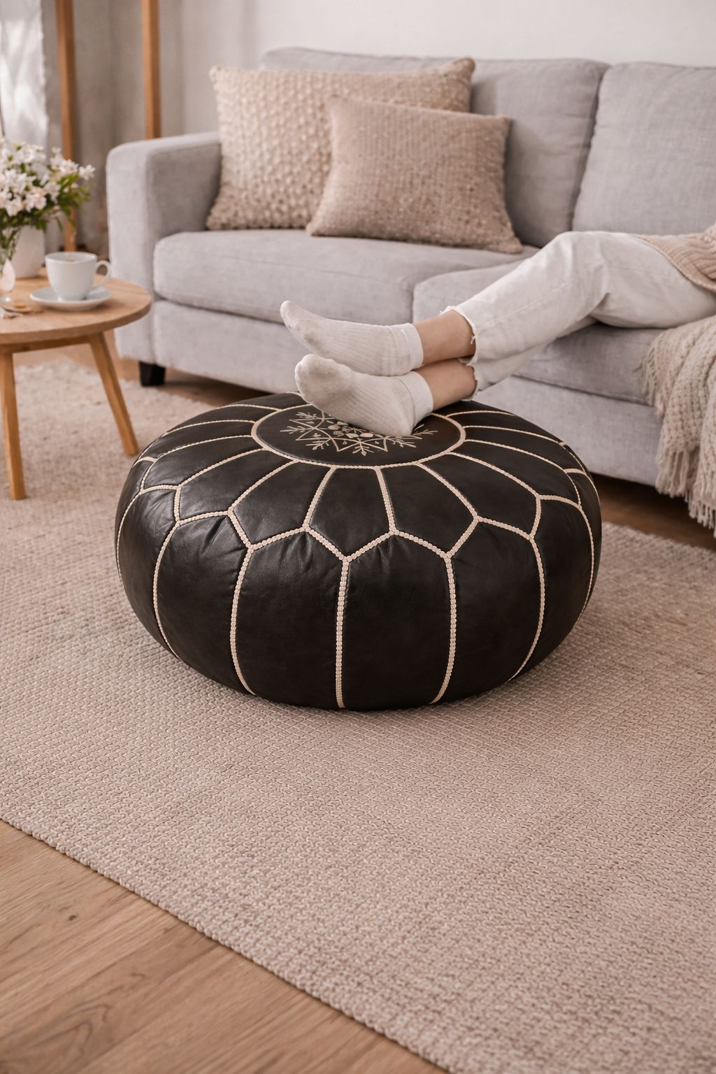 Moroccan Leather Pouf BLACK – Handmade Berber Ottoman TAN | Authentic Moroccan Pouf | Atlas & Nomad