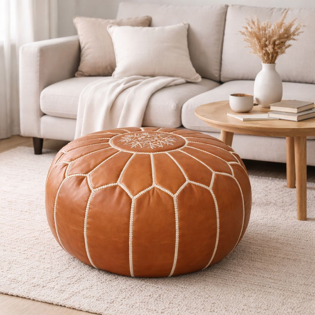 Moroccan Leather Pouf – Handmade Berber Ottoman TAN | Authentic Moroccan Pouf | Atlas & Nomad