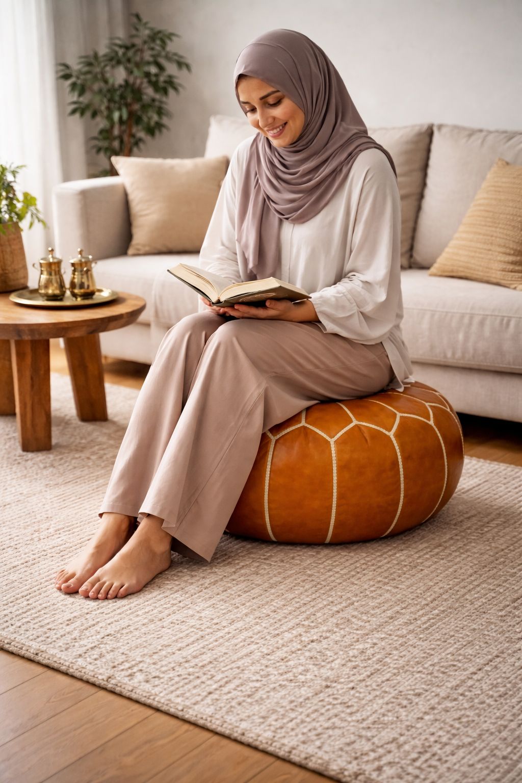 Moroccan Leather Pouf – Handmade Berber Ottoman TAN | Authentic Moroccan Pouf | Atlas & Nomad